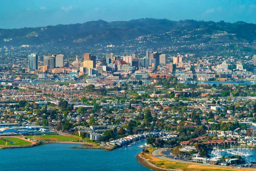 California, Oakland skyline viewed from the San Francisco Bay