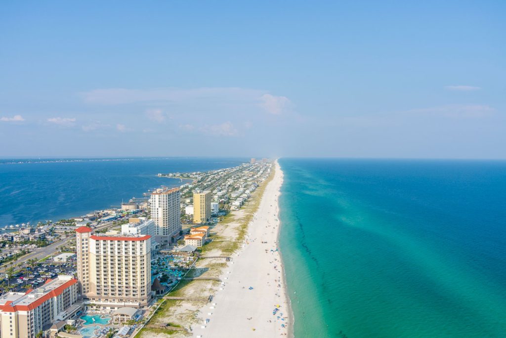 Aerial view of the beach in Pensacola, Florida