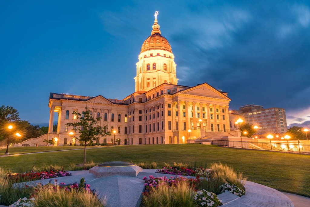 Exterior of the Kansas State Capital Building in Topeka, Kansas at Night