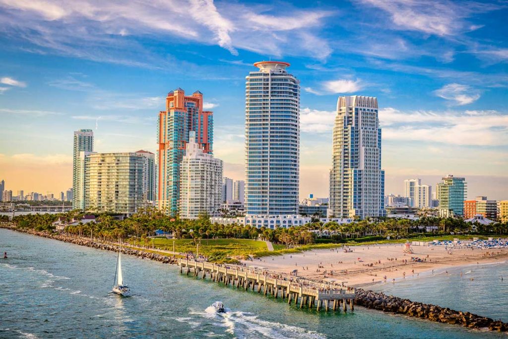miami beach florida coastal skyline with sandy beach