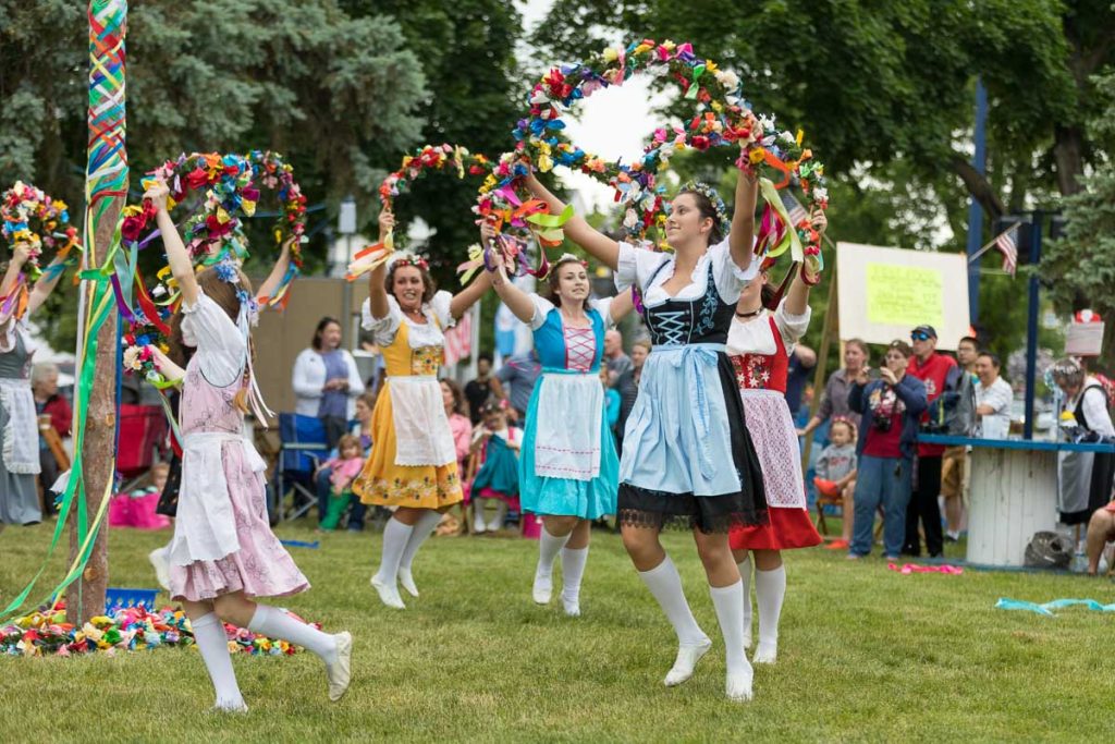 Frankenmuth, Michigan, Members from the Frankenmuth dance center perform the maypole dance during the Bavarian Festival.