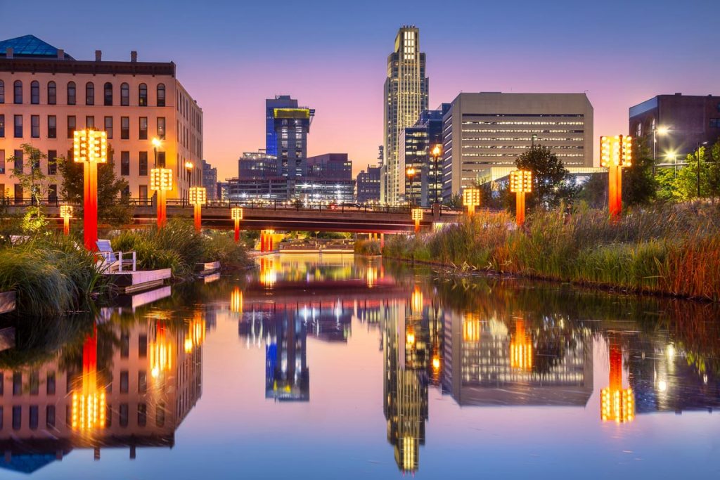 Nebraska, Cityscape image of downtown Omaha at beautiful autumn sunset
