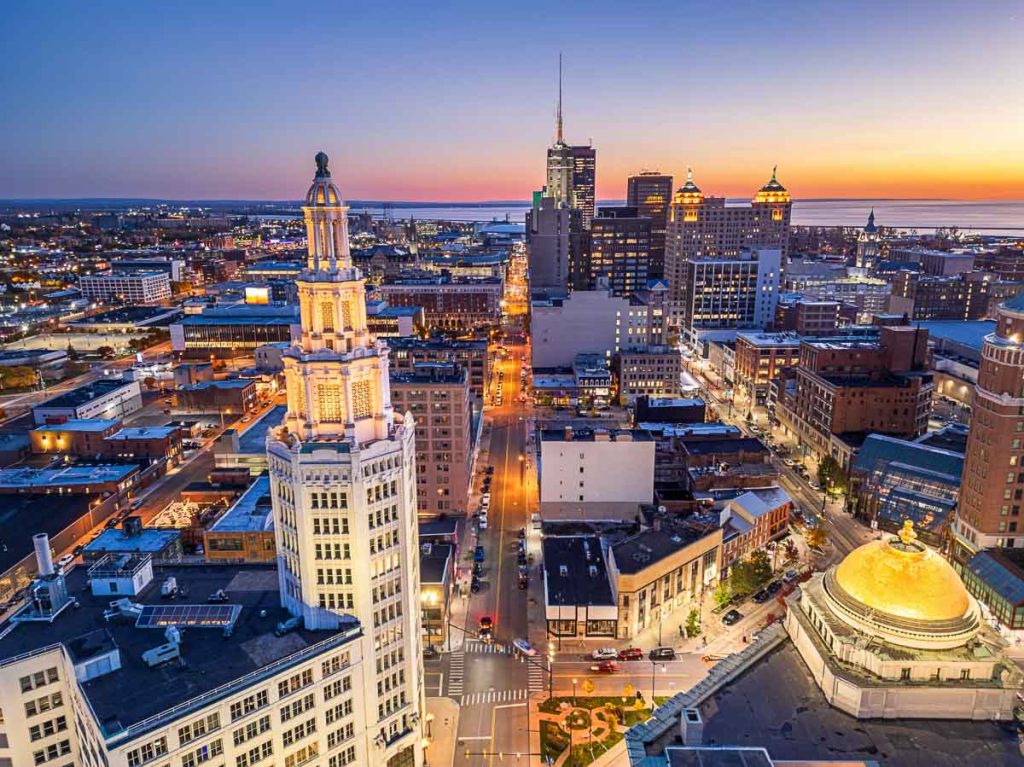 Buffalo, New York, USA Downtown Skyline at golden hour from above.