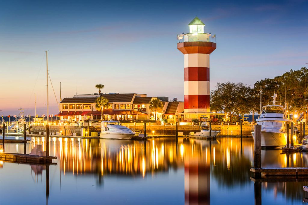 Hilton Head, South Carolina, lighthouse at twilight.
