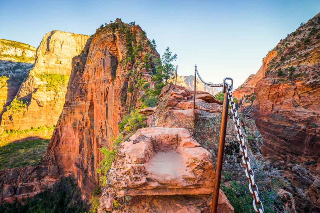 Panoramic view of famous Angels Landing hiking trail lead overlooking scenic Zion Canyon on a beautiful sunny day with blue sky in summer, Zion National Park, Springdale, southwestern Utah, USA