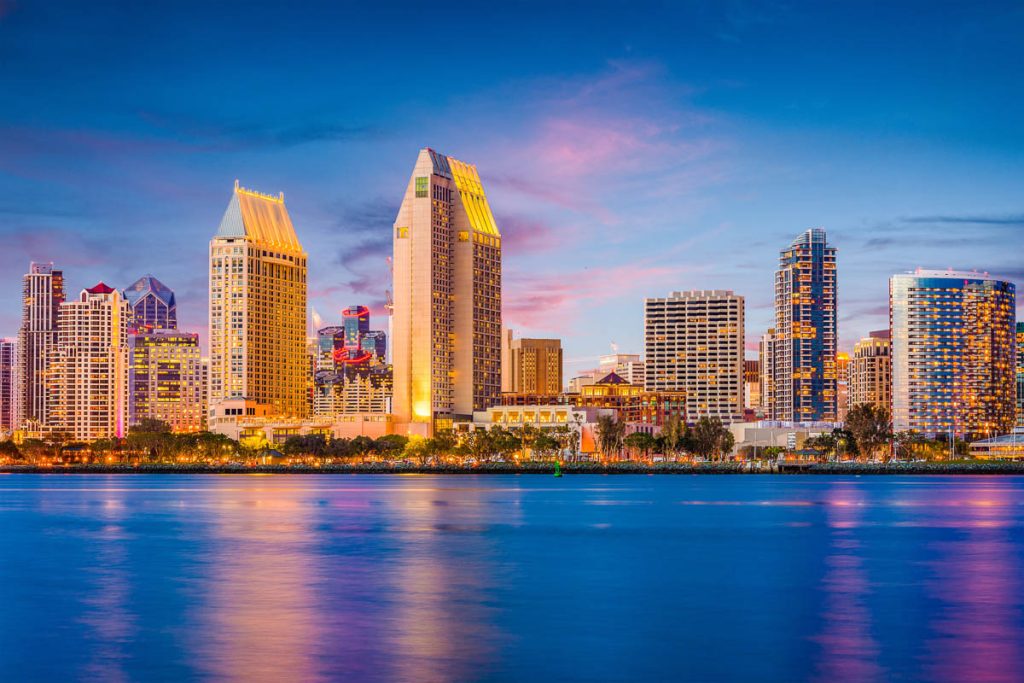 San Diego, California, USA downtown cityscape at night.