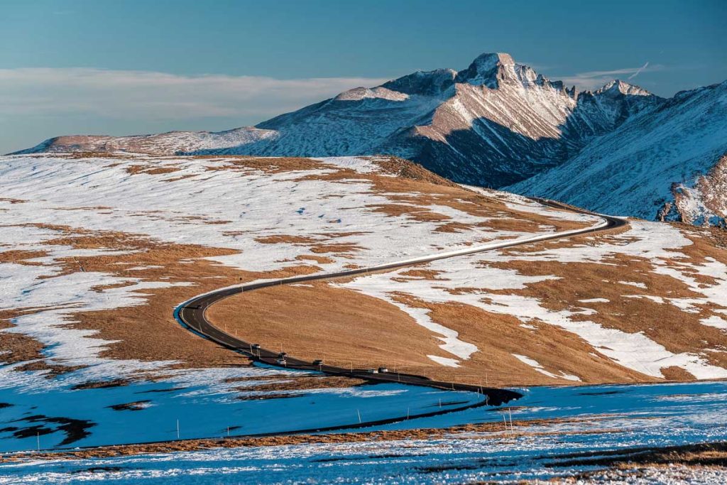 Trail Ridge Road, the highest (12,183 feet) continuous highway in the USA in high alpine tundra with rocks and mountains at autumn. Rocky Mountain National Park in Colorado, USA.