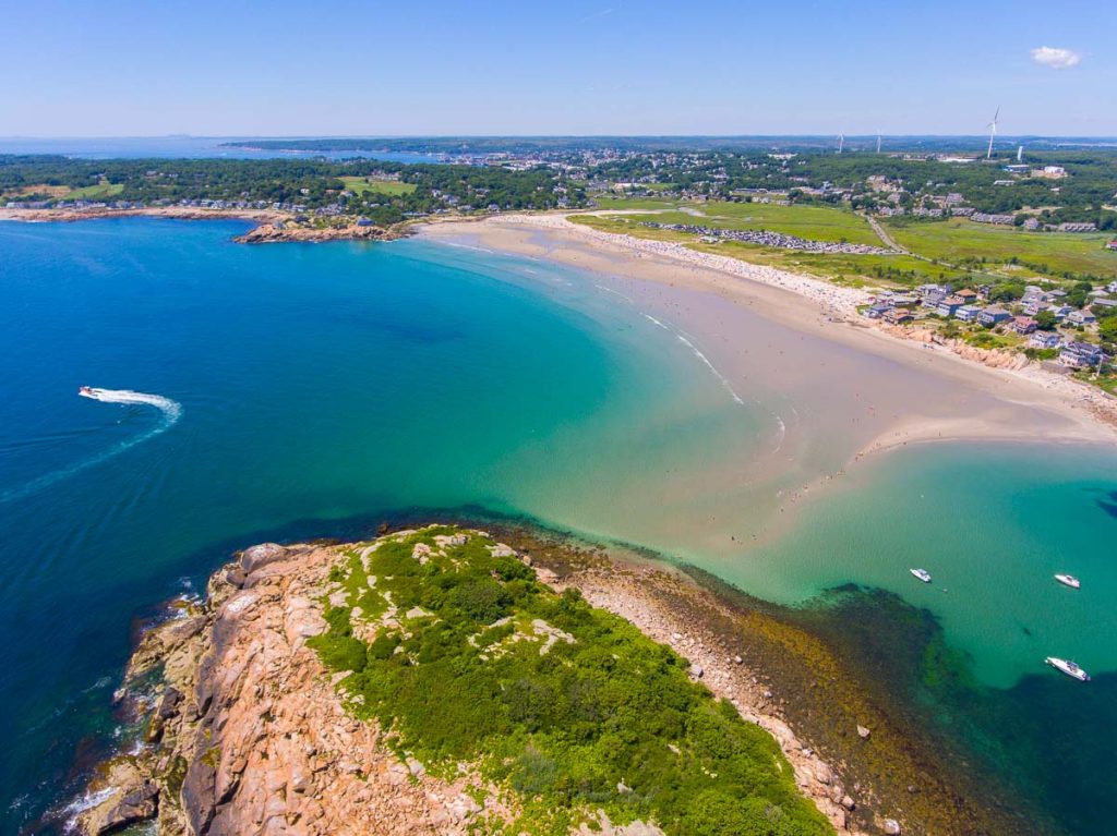 Massachusetts, Good Harbor Beach and Salt Island aerial view along Cape Ann coastline