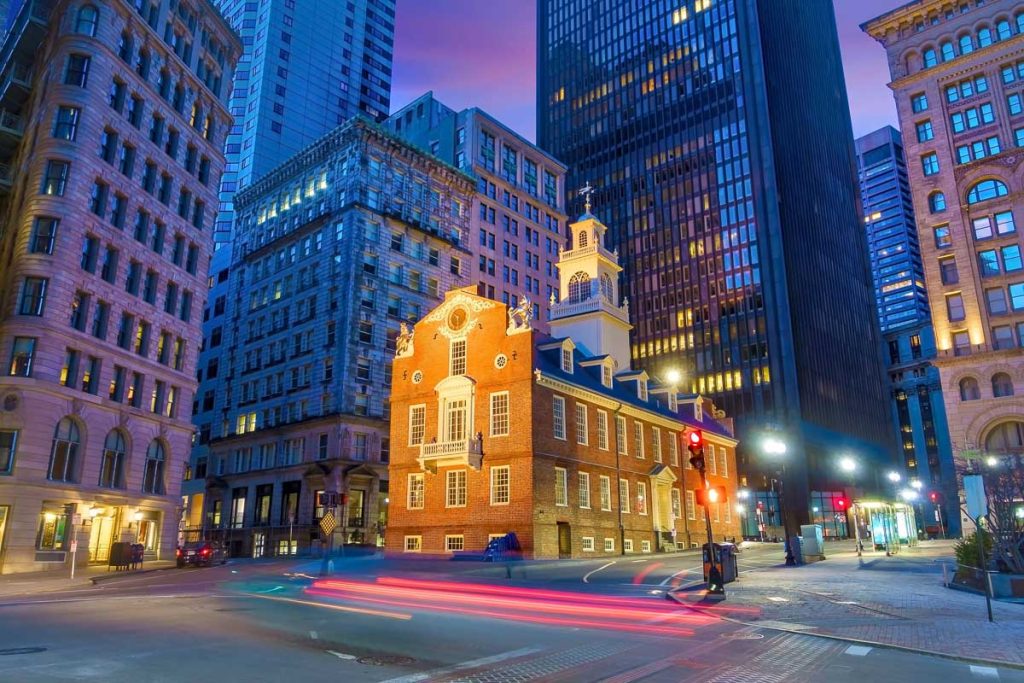 Boston Old State House buiding at night in Massachusetts USA