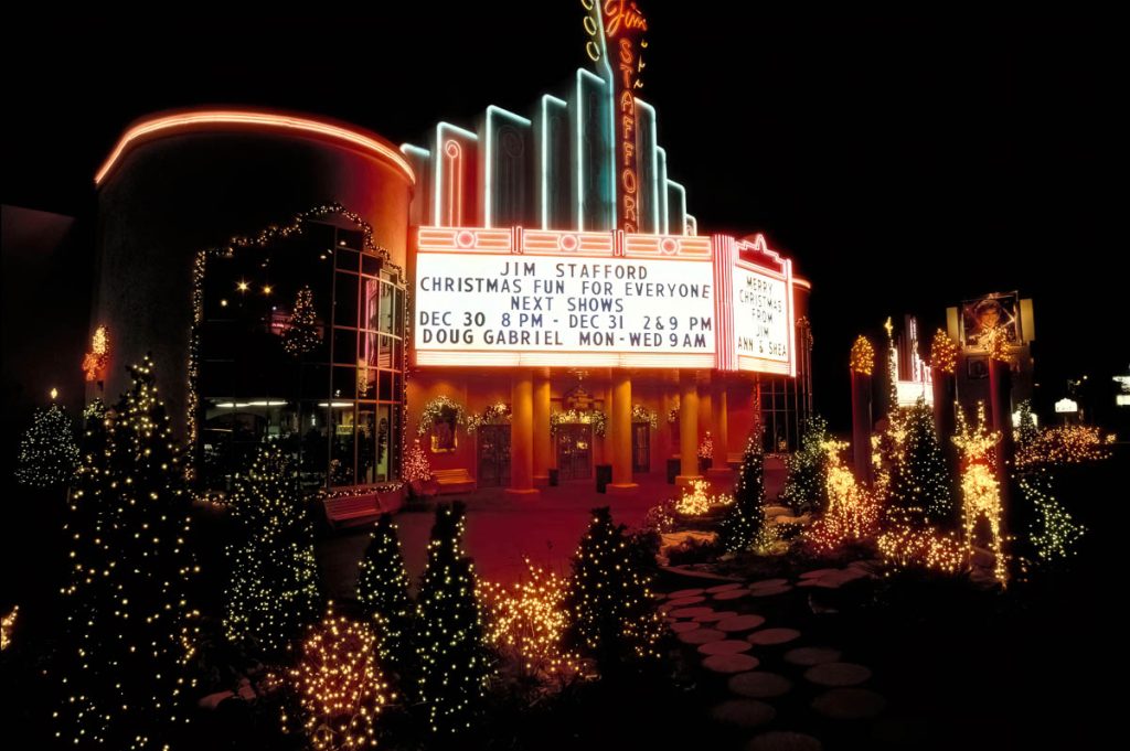 Branson, Missouri USA Jim Stafford Theatre in Branson, Missouri is decked out with Christmas lights and decorations.