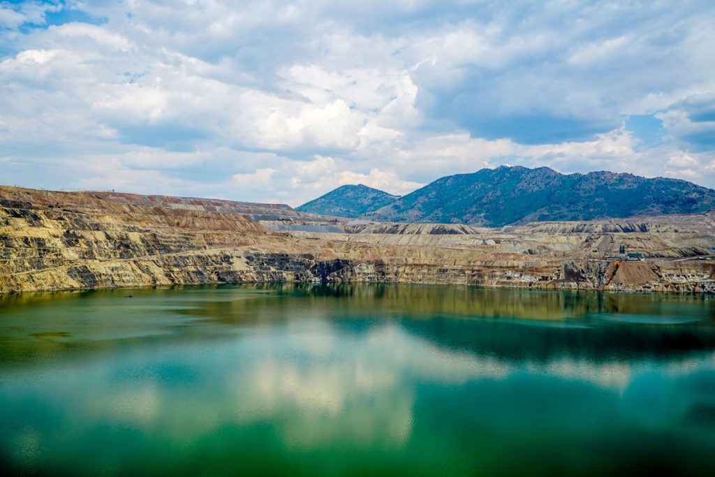 Montana, Berkeley Pit open-pit copper mine in Butte with colorful mineral lake