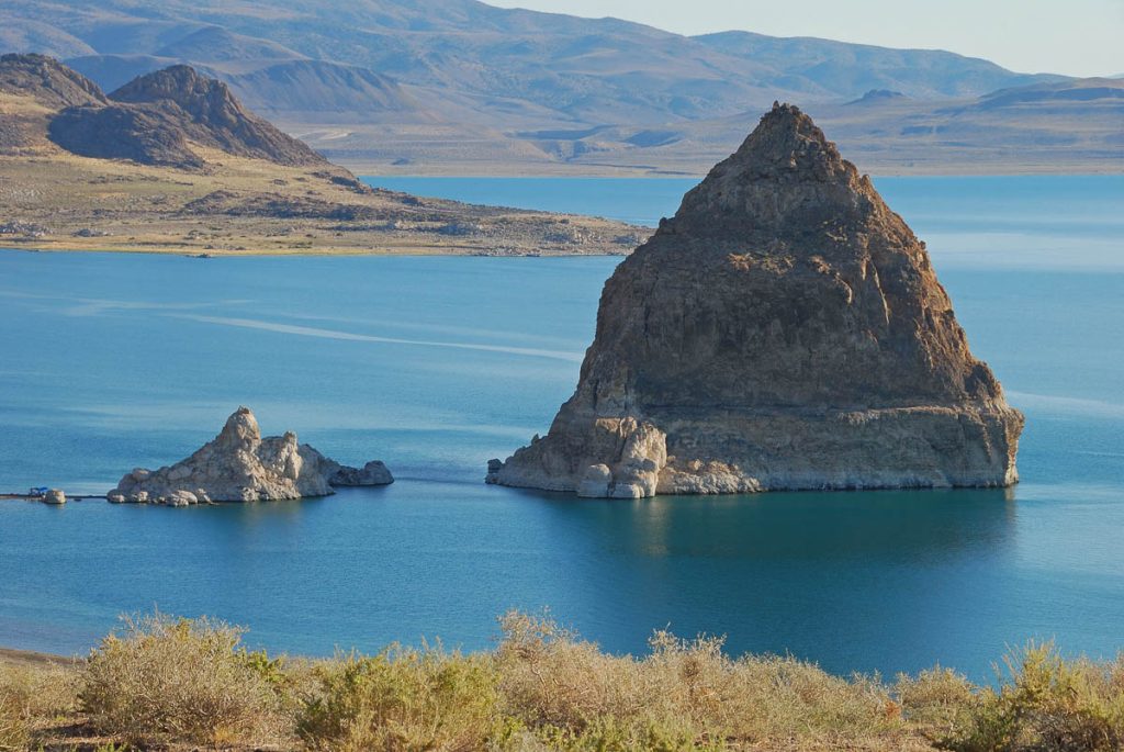 Nevada, Pyramid Rock tufa formations at Pyramid Lake in the Great Basin northeast of Reno