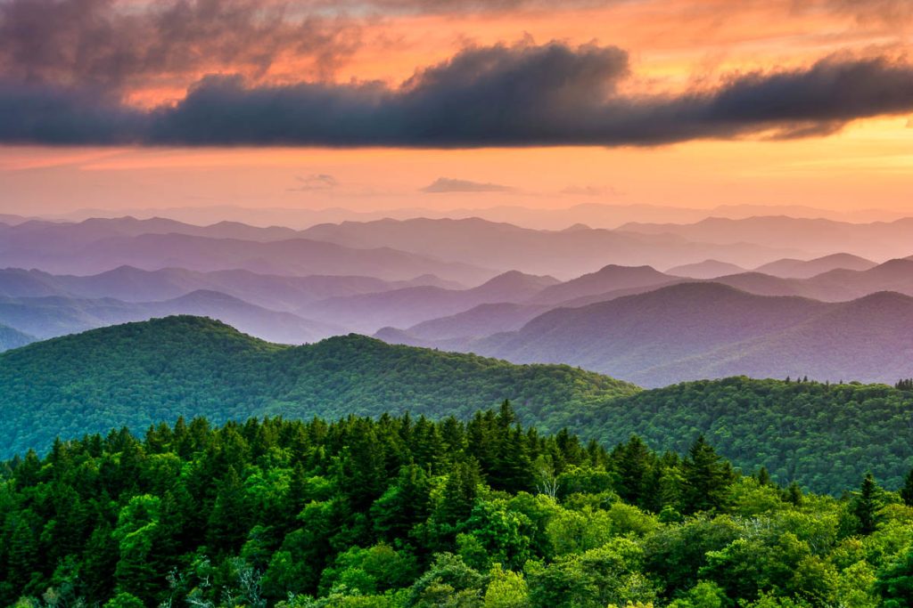 North Carolina, Cowee Mountains Overlook on the Blue Ridge Parkway with panoramic mountain sunset views