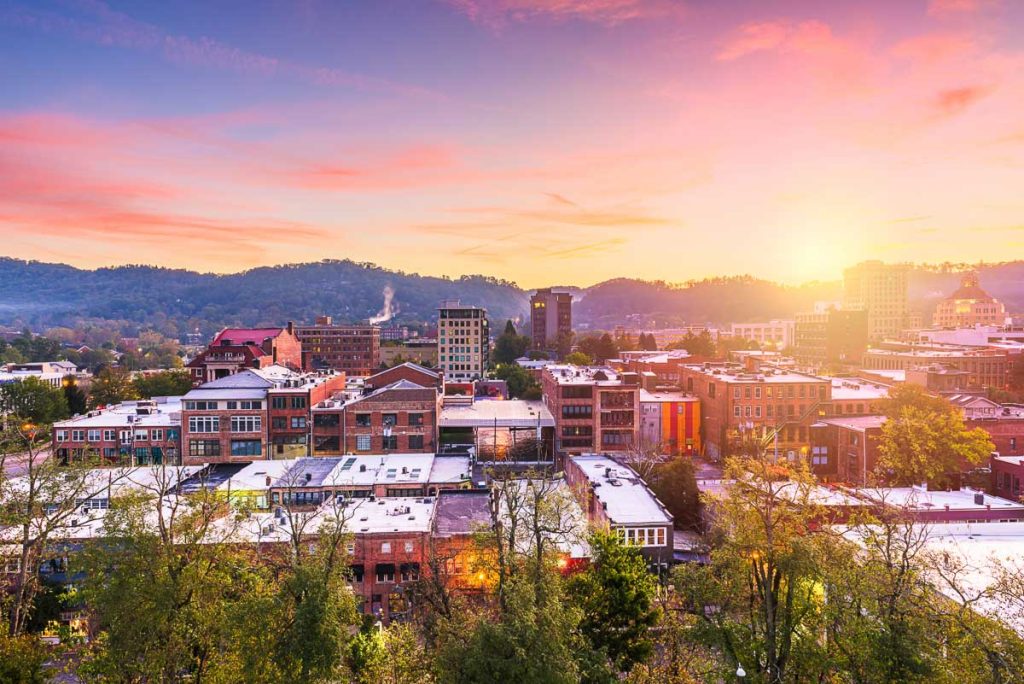Asheville, North Carolina, USA downtown skyline at dusk.