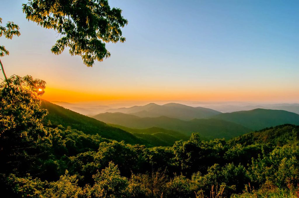 Virginia, Blue Ridge Parkway scenic mountain road at sunrise