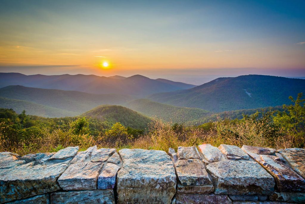 Virginia, Skyline Drive in Shenandoah National Park overlooking the Blue Ridge Mountains at sunset