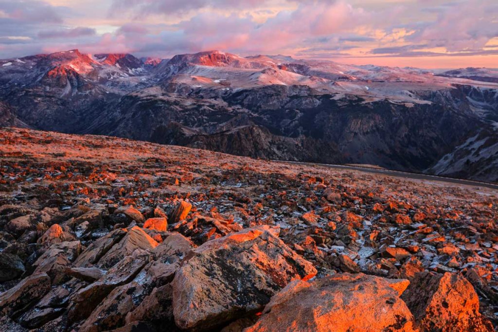 Beautiful landscape of Beartooth Pass. Shoshone National Forest, Wyoming, USA. Sunrise scene.