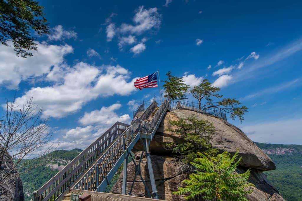 A long stairway leading up to the top of Chimney Rock in North Carolina.